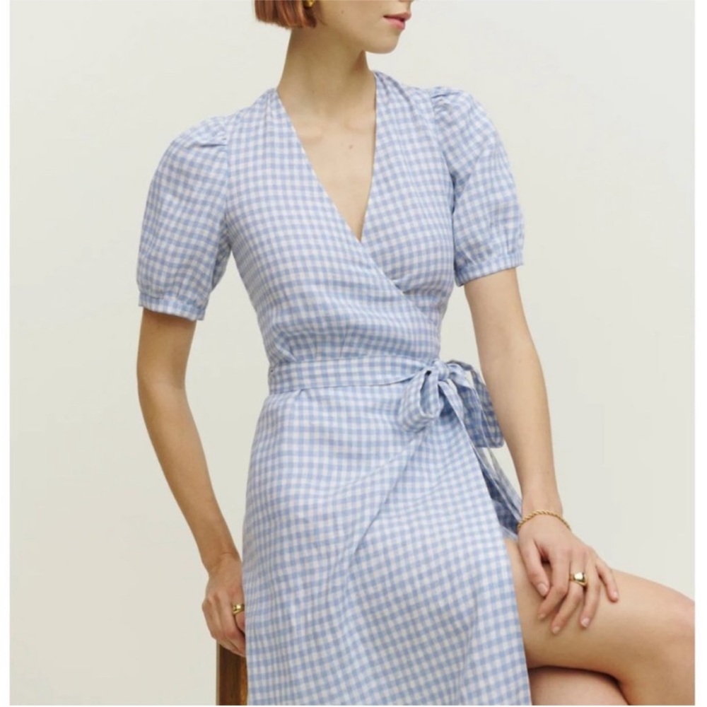 Reformation Light Blue Gingham Wrap Maxi Dress - Picture 2 of 3